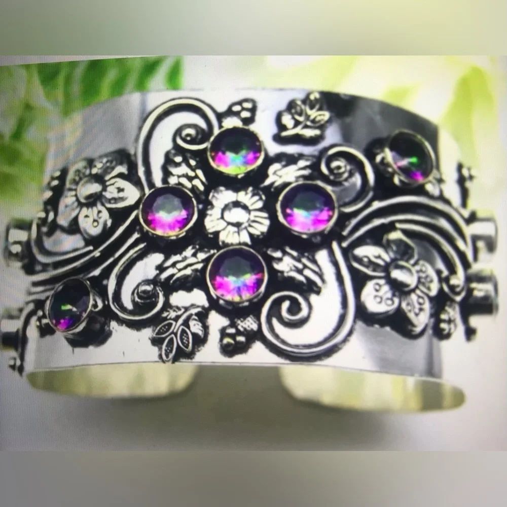 Mystic Topaz Stamped Solid 925 Sterling Silver Cuff Bracelet